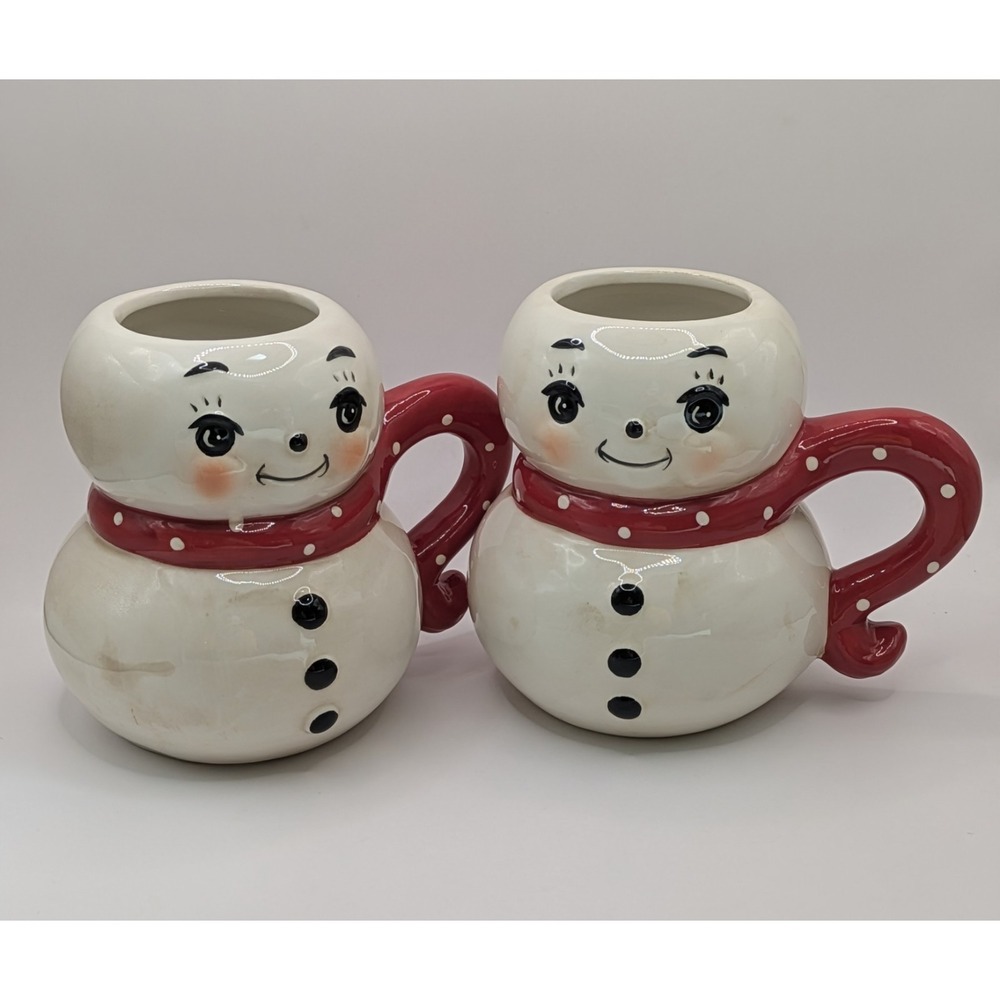 Johanna Parker Christmas Snowman Ceramic Mugs 2 - 5" Red Polka Dot Scarf